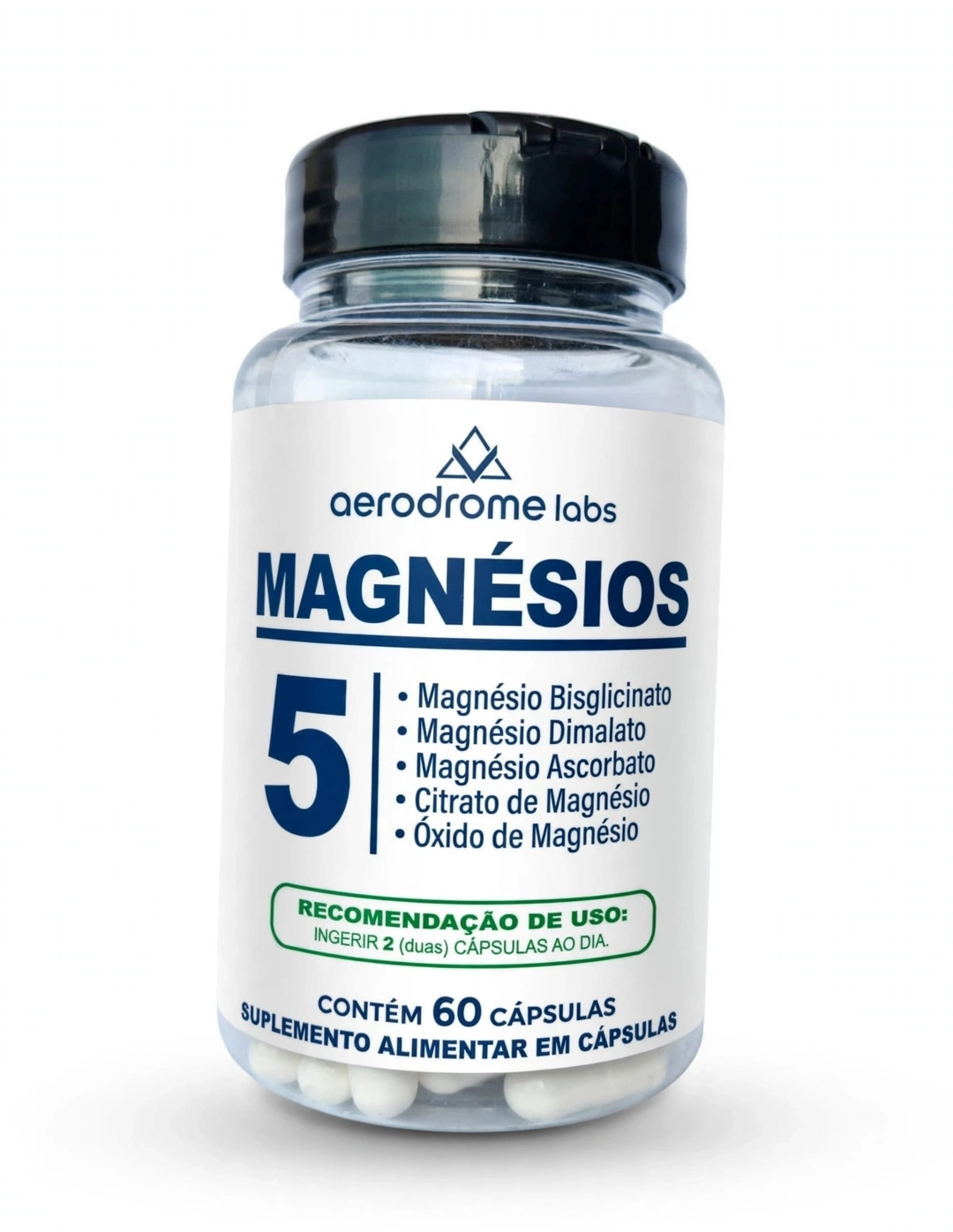 Frasco de 5 Magnésios Aerodrome Labs, suplemento com 60 cápsulas